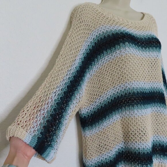 J Jill Women Petite Large PL Loose Knit Sweater Tan Blue Stripe Striped Pullover - Picture 3 of 10